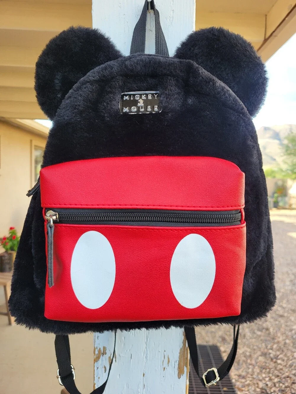 Disney Mickey Mouse Faux Fur Backpack With Front Zip Pouch.